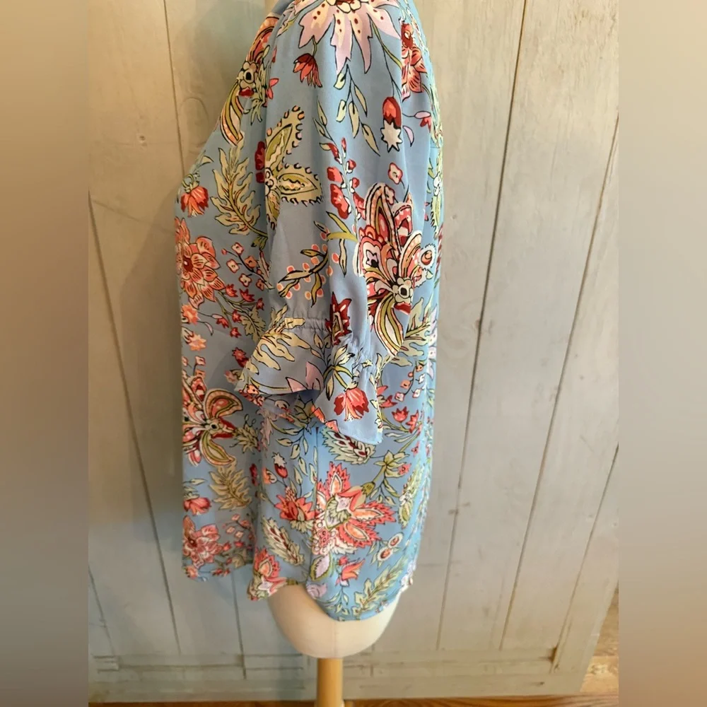 LOFT Women’s Blue Multi Garden V-Neck Puff Short Sleeve Top‎ Blouse Sz-Small